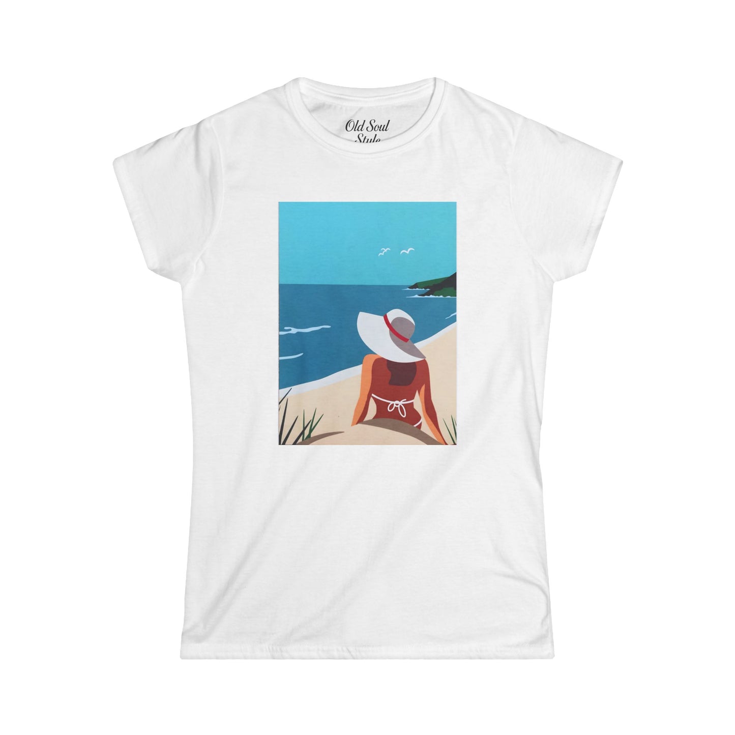 Beach View Tee — Woman in Sun Hat Seaside Graphic T-Shirt